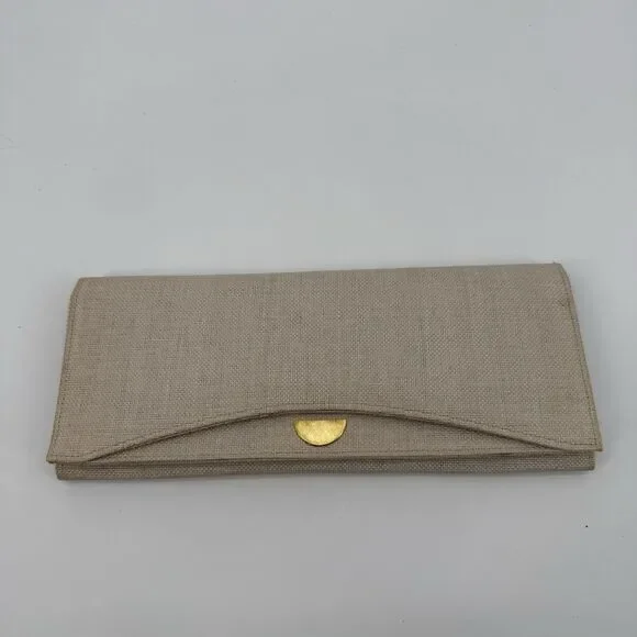 Vintage Beige Long Linen Fabric Envelope Clutch Bag Gold Tone - Picture 2 of 11